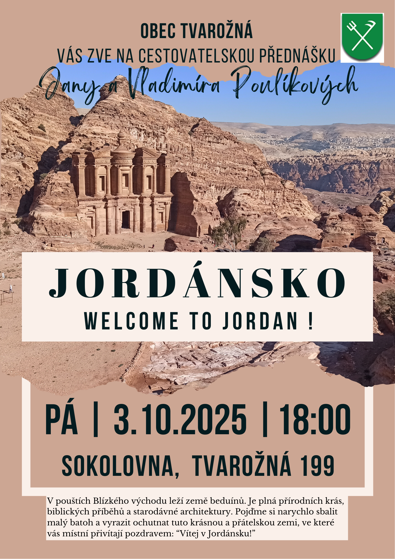 Cestovatelská přednáška manželů Jany a Vladimíra Poulíkových 3.10.2025 - Jordánsko