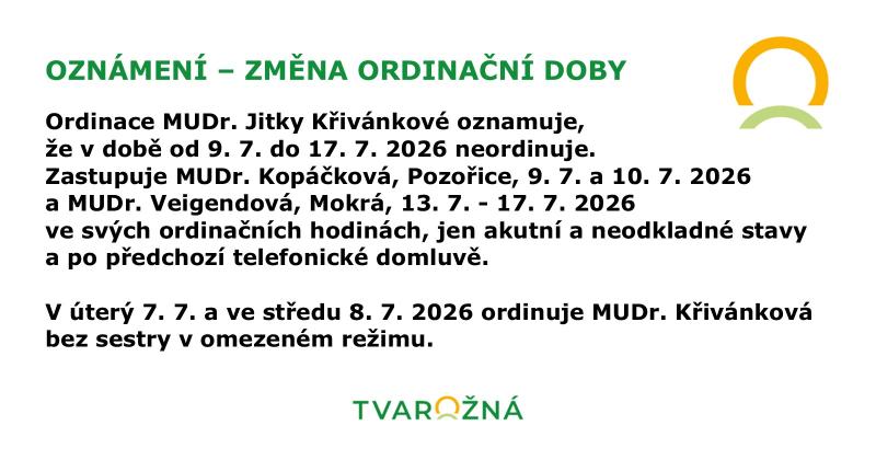 Oznámení - změna ordinační doby