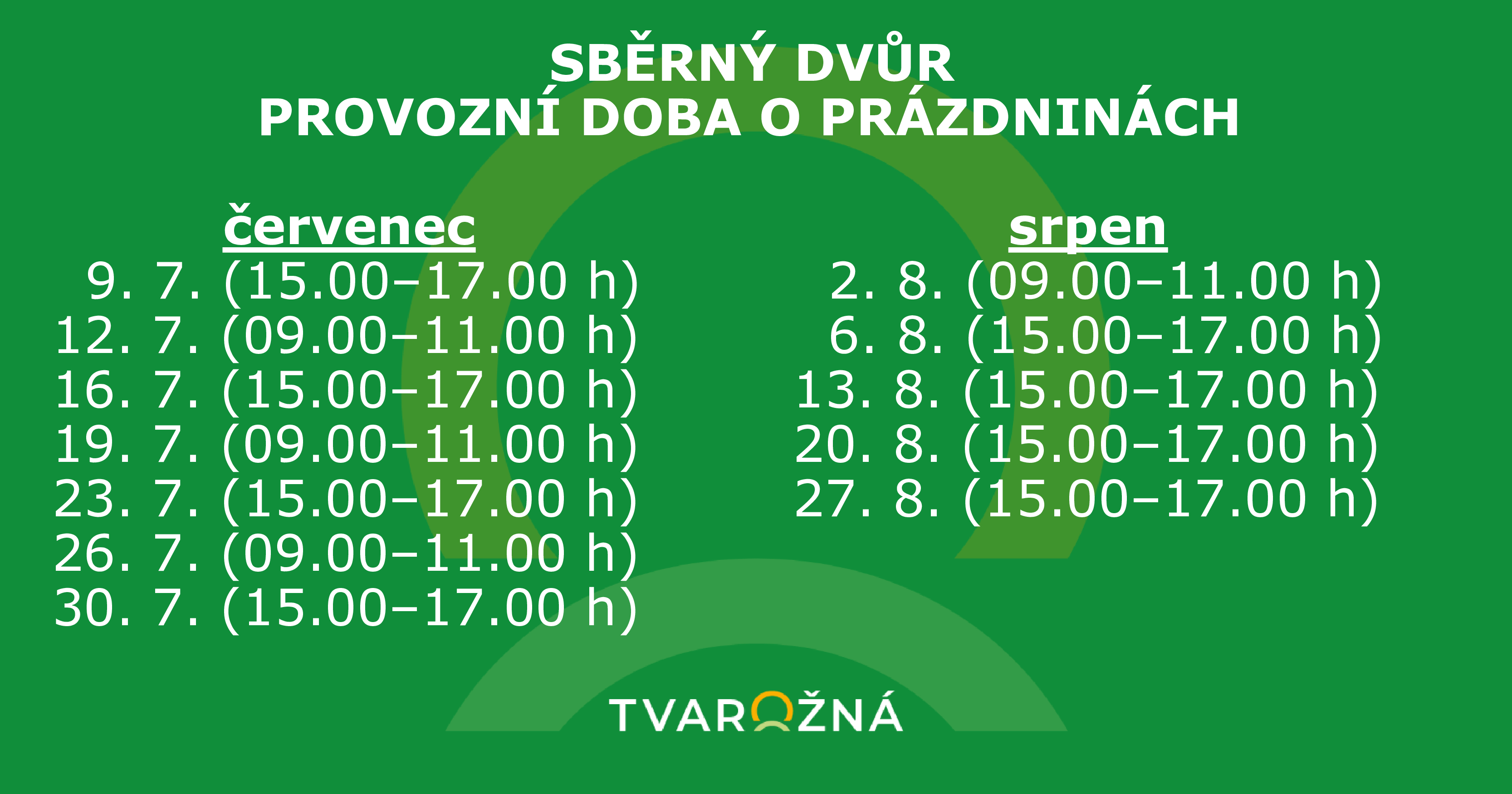 Sběrný dvůr - provozní doba o prázdninách